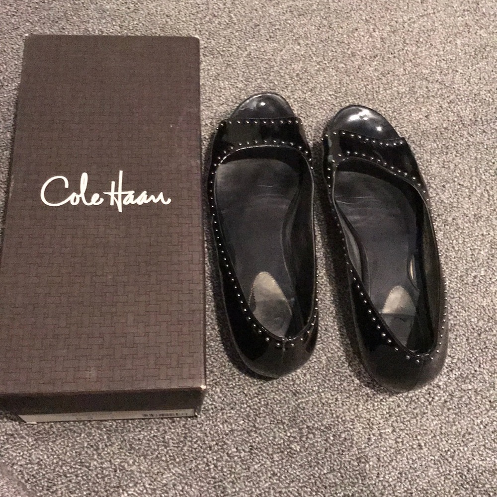 Cole Haan patent open toe flats